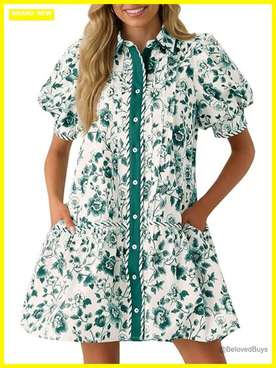 Dresses & Skirts - Women's Mini Dress: Short Puff Sleeve Floral Collared V-Neck Button Down Shirt